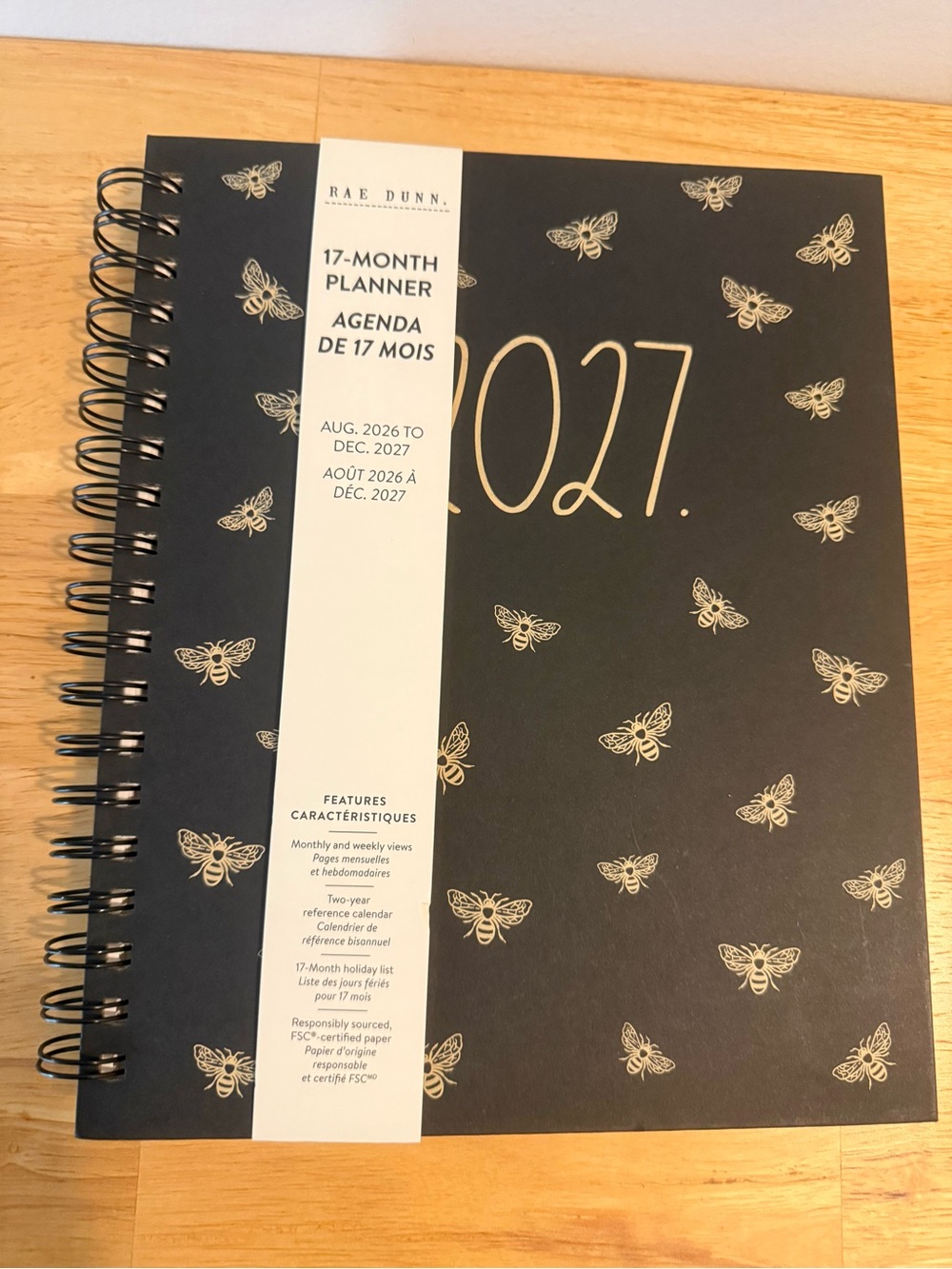 Rae Dunn Black Planner with Gold Bee Design - 2027